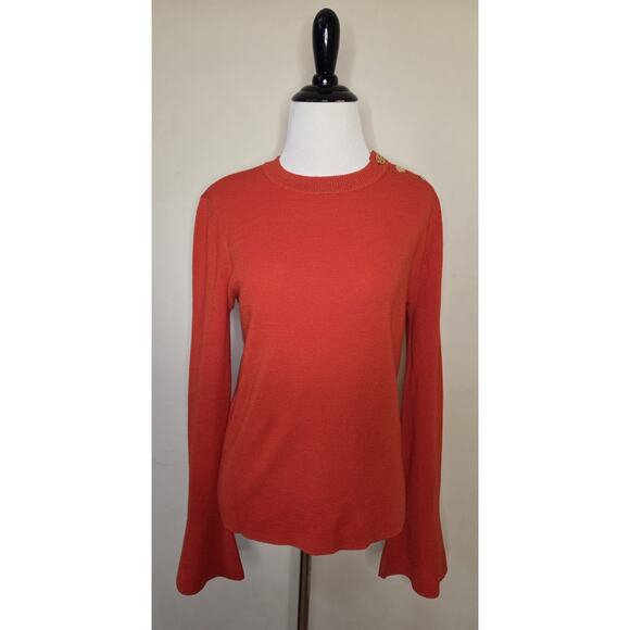 Tory Burch 100% Merino Wool Jewel Button Red Sweater Bell Sleeve Women's M - Picture 1 of 11